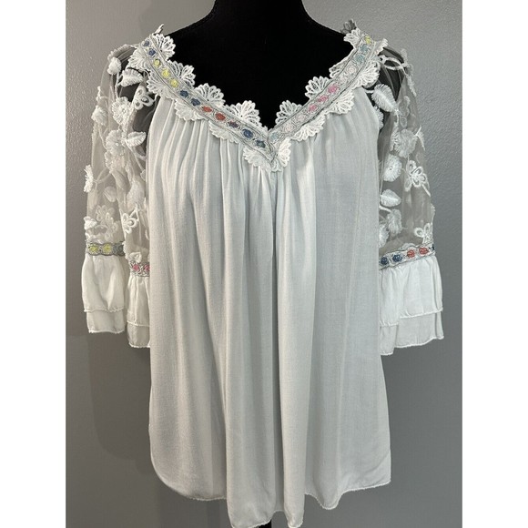 Womens White Blouse Made in Italy Embroidered Floral Eyelet Boho Tunic Sz L? EUC - Picture 1 of 7